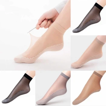 10 adet = 5Pairs İlkbahar Yaz Kadın Yumuşak Çorap İnce İpek Çorap Kaymaz Alt Ekleme Moda Şeffaf Bayanlar Nefes Çorap