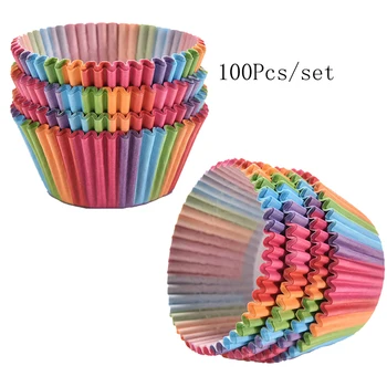 100 adet / takım Gökkuşağı Renk Cupcake Liner kek kapları cupcake kağıdı Muffin Kılıfları Kek Kutusu Bardak Tepsisi Kek Kalıbı Dekorasyon Araçları