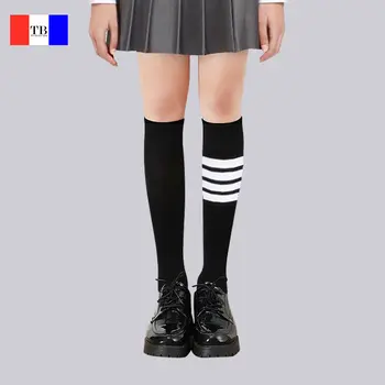 2 Çift Retro Kadınlar Pamuk TB Çorap Sonbahar Kış Örgü Düz Renk Uzun Thom Kore Japon Öğrenci Kız Çorap