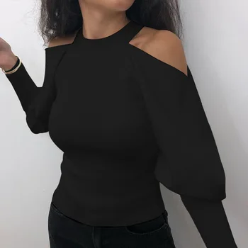 2021 Kadın Uzun Kollu Siyah T Shirt Seksi Çıplak Bırakılan Kollu Mahsul Tops Yeni Dip Örme T-Shirt Yeni İnce spor giyim