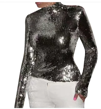 2022 Kadın Moda Yaz Bling Glitters Sequins Seksi Uzun Kollu Balıkçı Yaka T-shirt Streetwear Klasik Tee Üst Rahat T Shirt