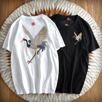 2022 Vintage Uçan Vinç Kuş Nakış T Shirt Erkek Kadın Streetwear Y2k Üstleri Pamuk Siyah Beyaz Üstleri Harajuku Kawaii Giysileri