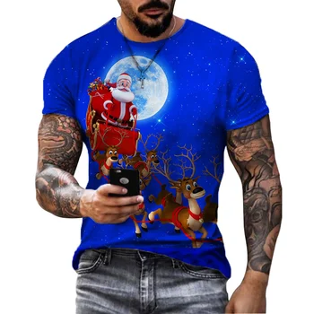 2022 Yaz erkek Mavi Santa T-Shirt Karikatür noel hediyesi 3D Baskı Kısa Kollu Moda Üst Yetişkin Tişört Üst