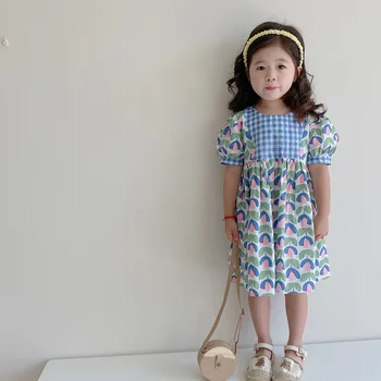 2022 Yeni Yaz Kızlar Çiçek Puf Kollu Elbise Çocuk giyim Kore Versiyonu Bebek Çocuk Sevimli Ekose Dikiş Prenses Elbise
