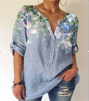 2022 Çiçek Baskı T Shirt Kadın Moda V Boyun Üç Çeyrek Kollu Gevşek Zarif Bayanlar Casual Gömlek Vintage Chic Blusas Tops