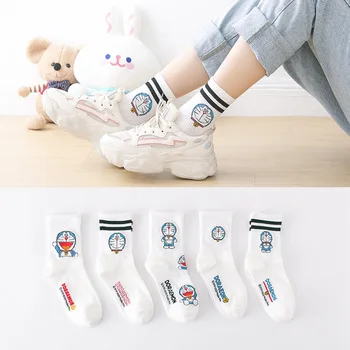 5 pairs Sevimli Anime Çorap Yeni Stil Çocuk Erkek Kadın Karikatür Pamuk Ekip Çorap Doraemon spor çorapları Beyaz Tasarımcı Çorap Harajuku