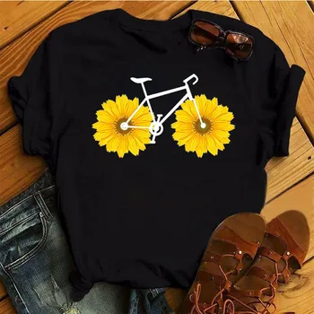 Ayçiçeği Bisiklet Baskılı T Shirt Kadın Yeni Siyah Moda T Shirt Kadın Bayanlar Kawaii Sevimli Grafik Tee Üstleri Kadın Rahat Gömlek