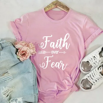 Büyük Boy S-5XL Yeni İnanç Üzerinde Korku Mektup T-shirt Bayanlar %100 % Pamuk O-Boyun Kısa Kollu Yaz Üst Rahat 