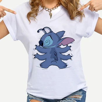 Disney kadın T-shirt Lilo ve Stitch Kawaii baskı Üst Kadın T-shirt Harajuku Güzel Karikatür Giyim casual Bayanlar Gömlek Tops