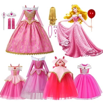 Disney Küçük Kızlar Uyku Güzellik Prenses Kostüm Aurora Elbiseler Çocuk Cosplay Uzun Kollu Kapalı Omuz Parti Noel Giyim