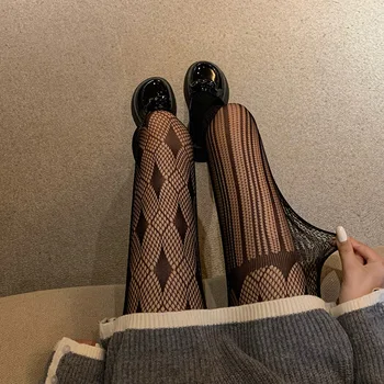 Harajuku Asimetrik Kadın Tayt Kafes Şerit Naylon Örgü Çorap Kadın bayan çorapları Yaz Külotlu Çorap