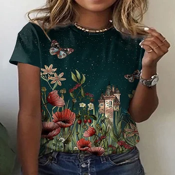 Kadın T-shirt 3d Baskı Yeşil Çiçek Üst Tüm Maç Moda kısa kollu tişört Zarif Mizaç Tanrıça Yuvarlak Boyun