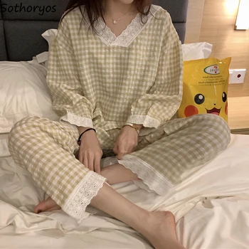 Kadın V Yaka Dantel Pijama Setleri Sonbahar Tatlı Gevşek Öğrenci Uzun Kollu Pijama Ev Ekose Loungewear Kore Moda M-3XL Pijama