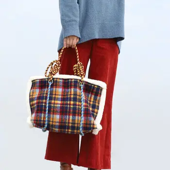 Kadın Çantası Sonbahar Kış Tasarımcı Yün Vintage Ekose Casual Tote Çanta omuz çantaları Çanta Fermuar YUMUŞAK Yüksek Kapasiteli Kadın Çantası