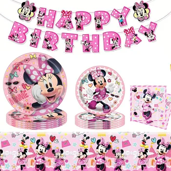 Minnie Mouse Doğum Günü Partisi Malzemeleri ve Süslemeleri Minnie Mouse Parti Malzemeleri Afiş Masa Örtüsü Plakaları ile 8 Misafir Hizmet Vermektedir