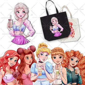 Moda Karikatür Disney Prenses Demir on Transferler Elsa Ariel ısı transferi vinil çıkartmalar Kadın Giysileri İçin Ariel termal yama