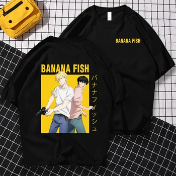 Muz Balık Anime Çift Taraflı Baskı T Shirt Erkek Vintage Anime Crewneck Üstleri Nefes T-Shirt Hip Hop Büyük Boy T-shirt erkek
