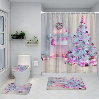 Noel Duş perde seti Şömine Noel Ağacı Pembe Mum Hediye Yeni Yıl Banyo Dekor kaymaz Halı Banyo Paspas Tuvalet kapak