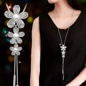 RAVIMOUR Uzun Kolye ve Kolye Gümüş Renk Zinciri Taklit İnci Çiçek Kolye Kadınlar için Moda Collier Femme