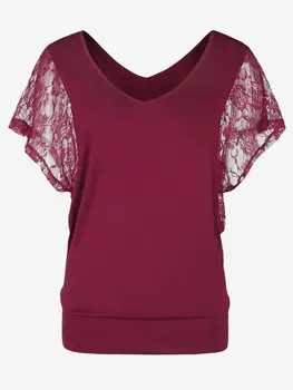 ROSEGAL Batwing Dantel Kollu Bluz T-Shirt Büyük Boy Kadın Yaz Günlük Giyim Derin Kırmızı Yüksek Streç V Yaka Tees Tops 4XL