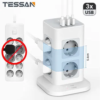 TESSAN AB Dikey güç şeridi Dalgalanma Koruması Anahtarı ile 8 Yuvaları 3 USB Bağlantı Noktaları 2M Kablo Çoklu Fiş Kulesi Soket Ev/Ofis için