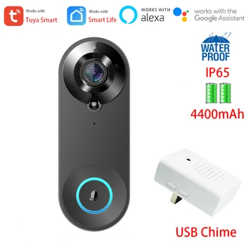 Tuya 1080P FHD Akıllı WiFi Video Kapı Zili Kamera Alexa Google IP65 Açık 4400mAh şarj edilebilir pil ile USB Kapalı Chime
