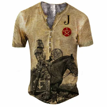 Vintage V Yaka Düğmesi erkek Şövalye Templar T Shirt Baskı Şövalye Henley Gömlek Erkekler İçin Büyük Boy Üst Kısa Kollu Punk Streetwear