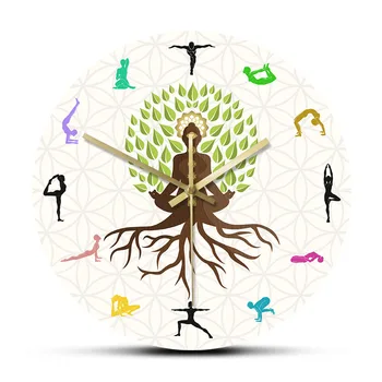 Yoga Stüdyosu Hayat Ağacı Renkli Duvar Saati Saat Doğal Enerji Meditasyon Sessiz Horloge Klok Lotus Poz Ağacı İzle