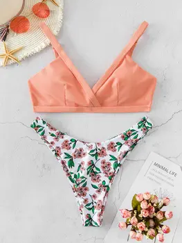 ZAFUL Çiçek Nervürlü Yüksek Kesim Yastıklı Bikini Mayo Bandeau Mayo Havuz İçin Seksi Bikini Plaj Wetsuit Giyim