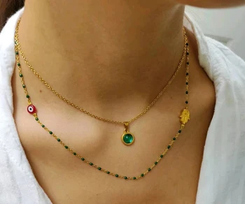 Zarif Boho Katmanlı Altın Renk Kolye Zümrüt Yeşil kristal boncuklar Zincir Gerdanlık Kolye yaz takısı Aksesuarları Kadınlar için