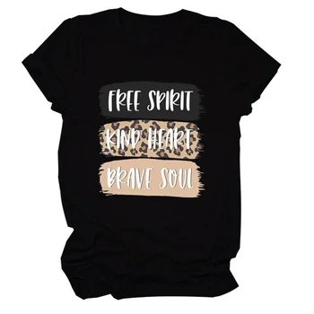 Ücretsiz Ruh Tür Kalp Cesur Ruh Leopar Baskı Kadın T Shirt Kısa Kollu O Boyun Gevşek Kadın Tişört Bayanlar Tee Gömlek Tops Mujer